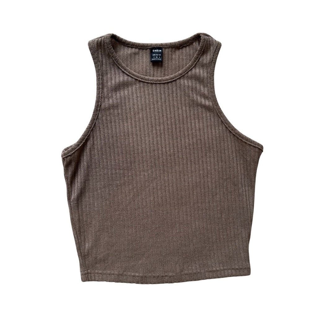Women’s Ribbed High Neck Crop Tank Size Small Brown Fitted